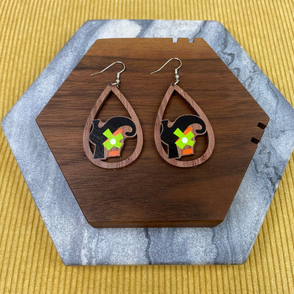 Wooden Teardrop Cutout Earrings - Halloween - Witch Shoes