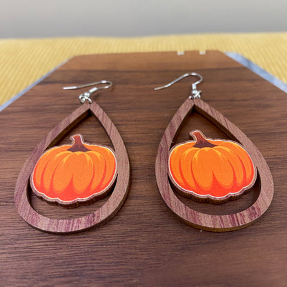 Wooden Teardrop Cutout Earrings - Fall - Pumpkin