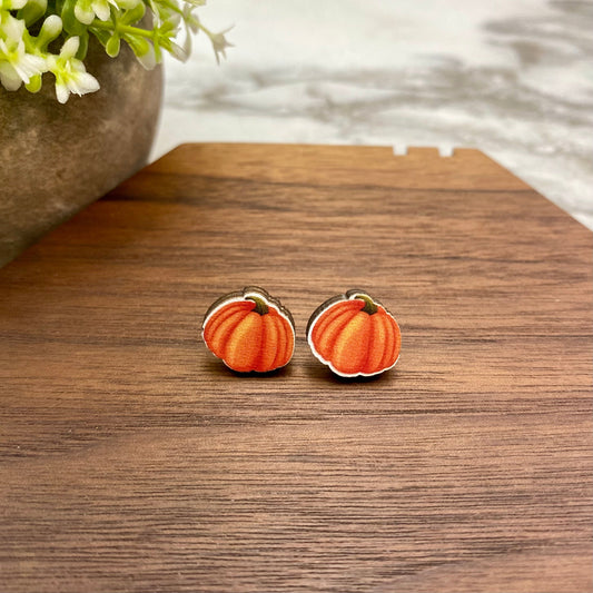 Wooden Stud Earrings - Halloween - Pumpkin & Stem