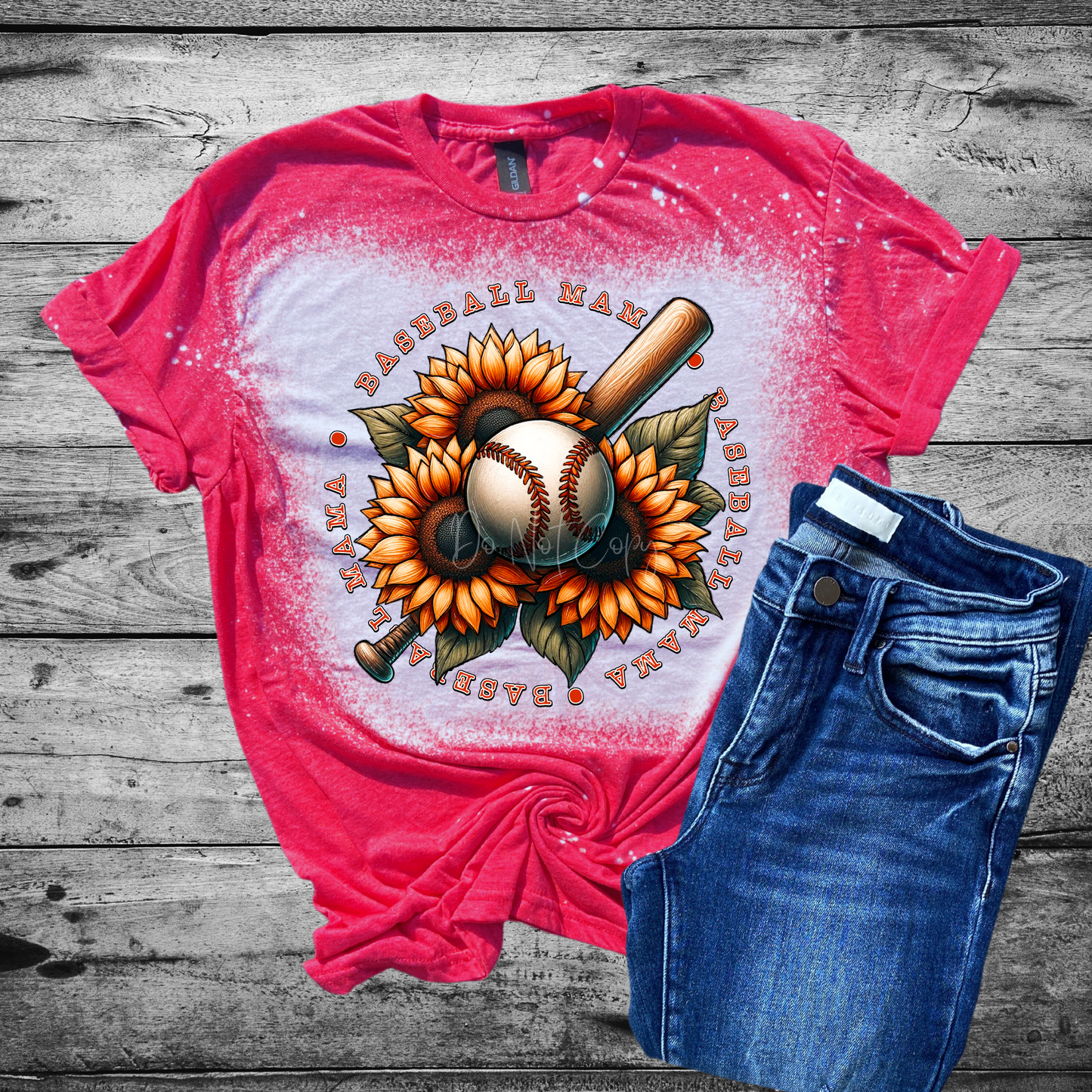 Baseball Mama Sunflower Bleached Distressed Tee Shirt