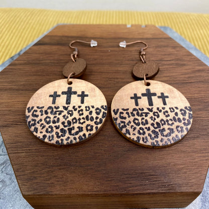 Wooden Dangle Earrings - Animal Print Cross