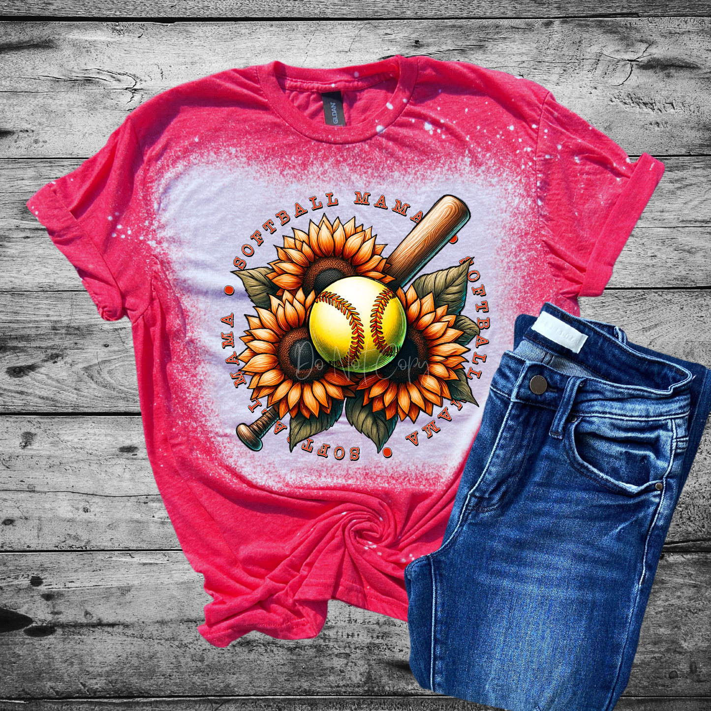 Softball Mama Sunflower Bleached Distressed Tee Shirt