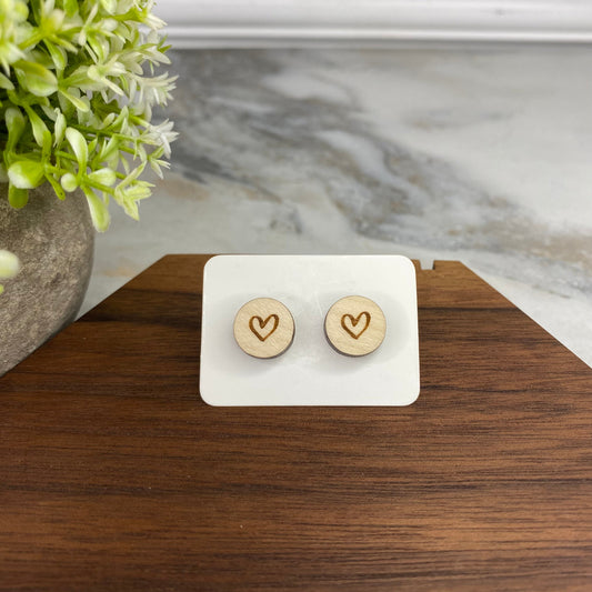 Wooden Stud Earrings - Heart Shape Round