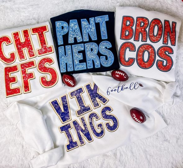 Team Name Football Sweatshirts, Faux Sequin & Embroidery