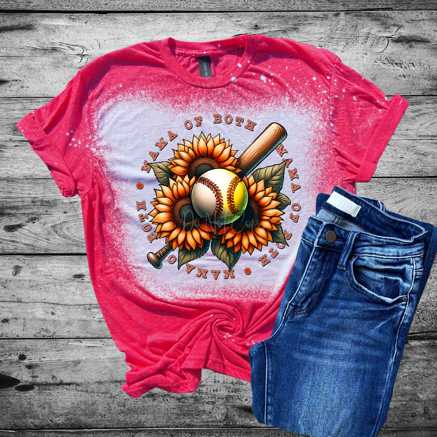 Baseball and Softball Mama of both Sunflower Bleached Distressed Tee Shirt