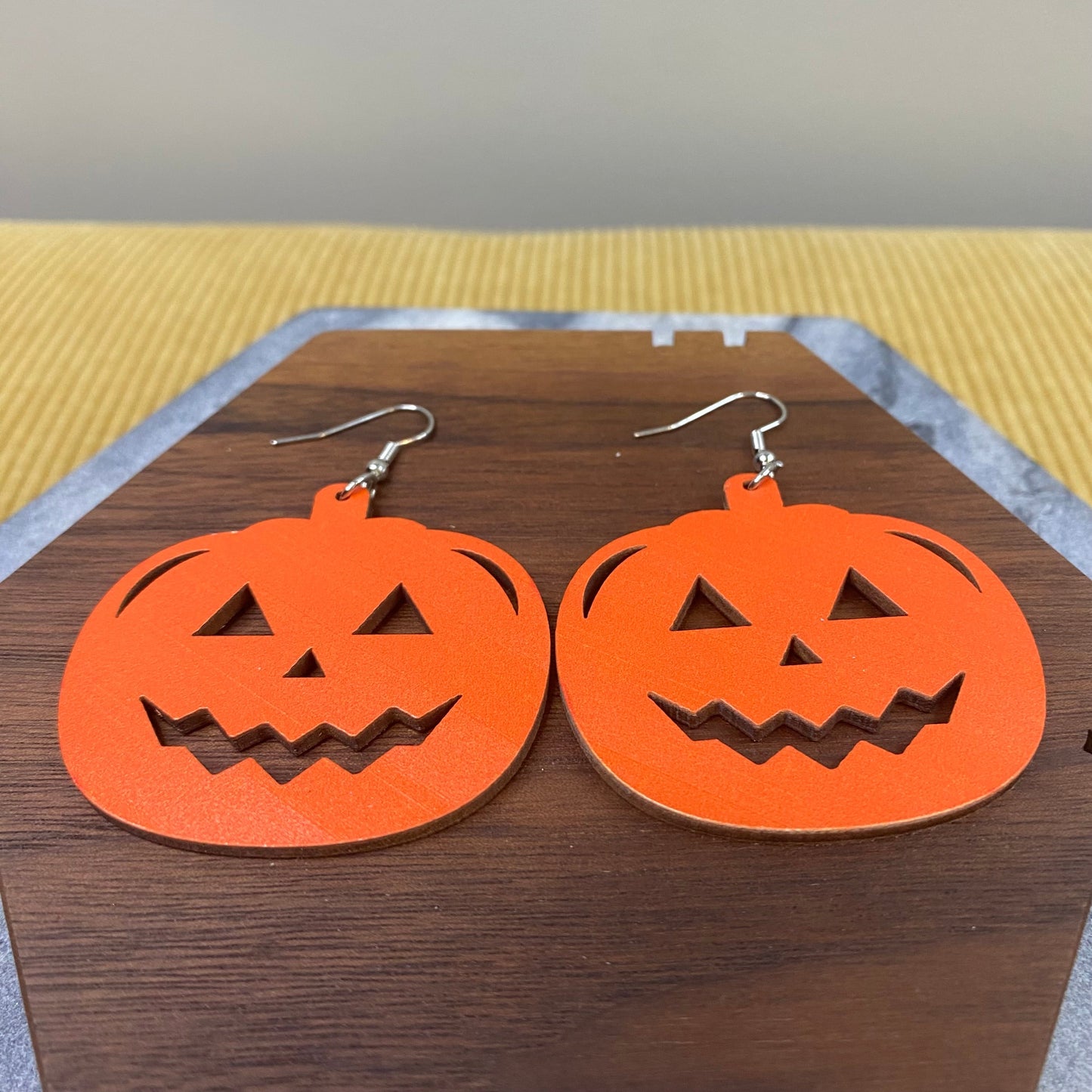 Wooden Dangle Earrings - Fall - Pumpkin Face