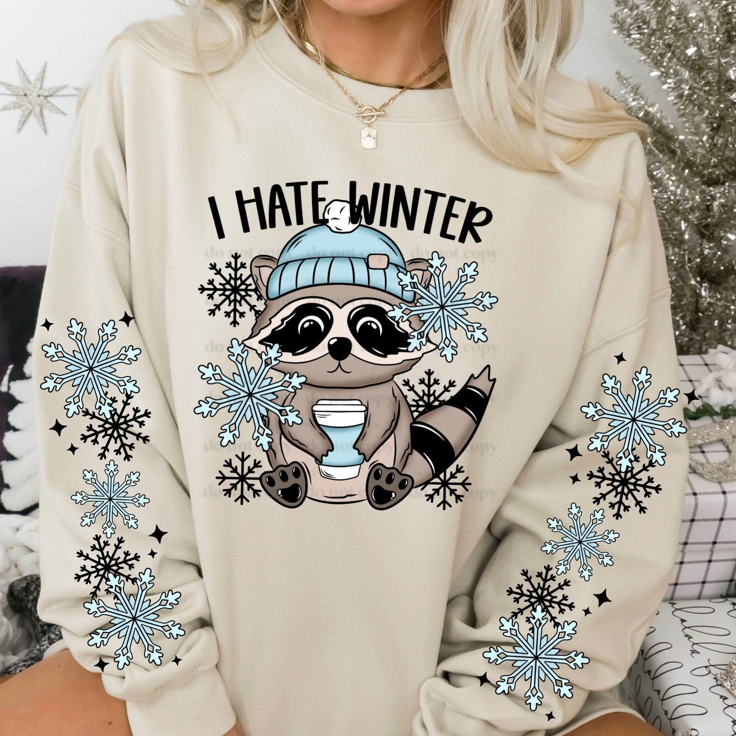 I HATE WINTER RACCOON SWEATSHIRT W/ SLEEVE PRINT