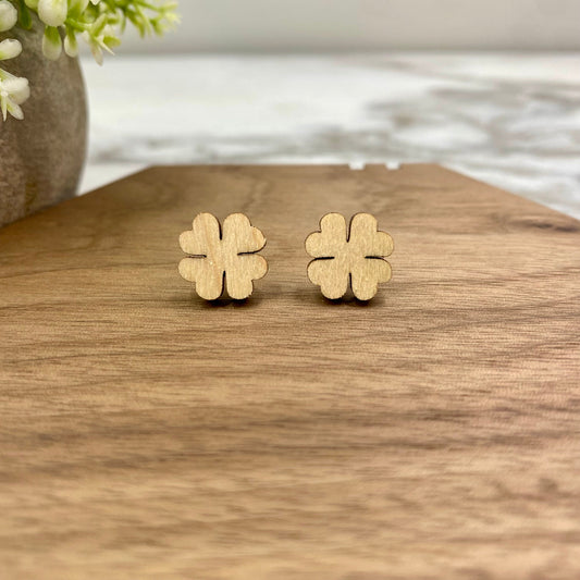 Wooden Stud Earrings - St. Patrick’s Day - Four Leaf Clover - Light