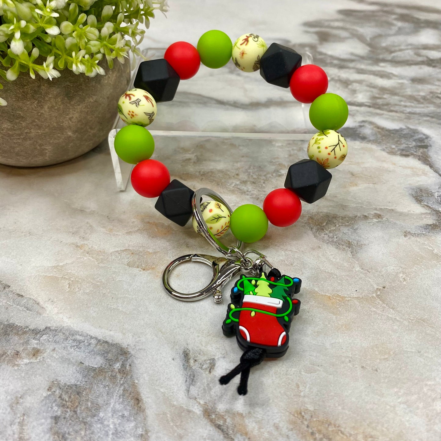 Silicone Bracelet Keychain - Christmas Winter - Green Red Black Stocking