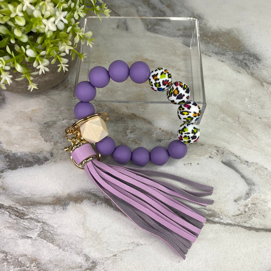Silicone/Wood Bracelet Keychain - Purple Colorful Animal Print