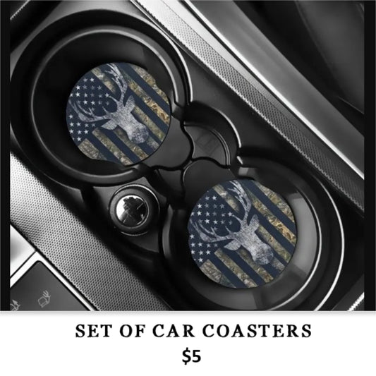 SET OF 2 CAR COASTERS - DEER, FLAG