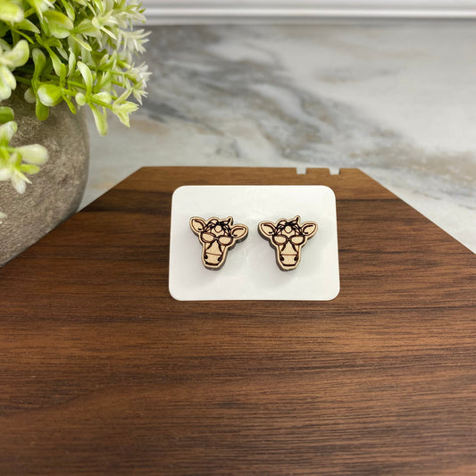 Wooden Stud Earrings - Cow with Glasses