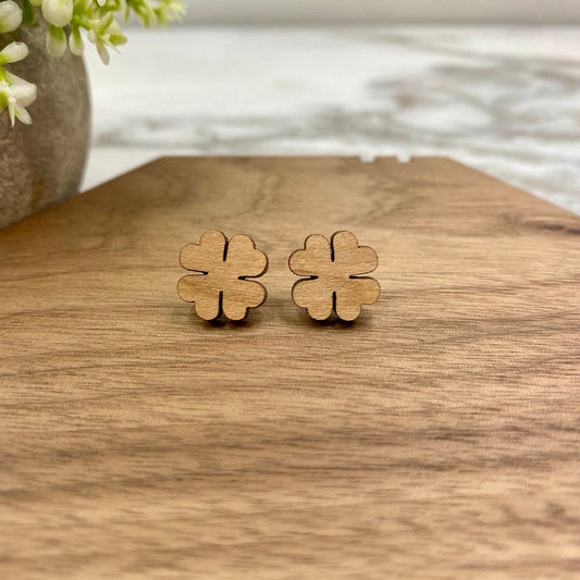 Wooden Stud Earrings - St. Patrick’s Day - Four Leaf Clover - Dark