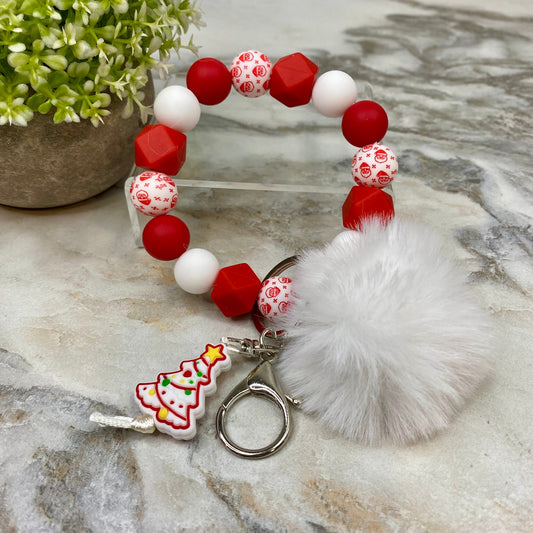 Silicone Bracelet Keychain & Pom Pom - Christmas Tree - Red