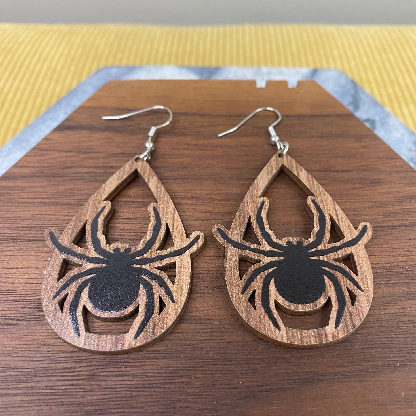 Wooden Teardrop Cutout Earrings - Halloween Spider