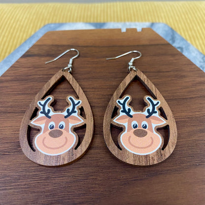 Wooden Teardrop Cutout Earrings - Christmas - Reindeer