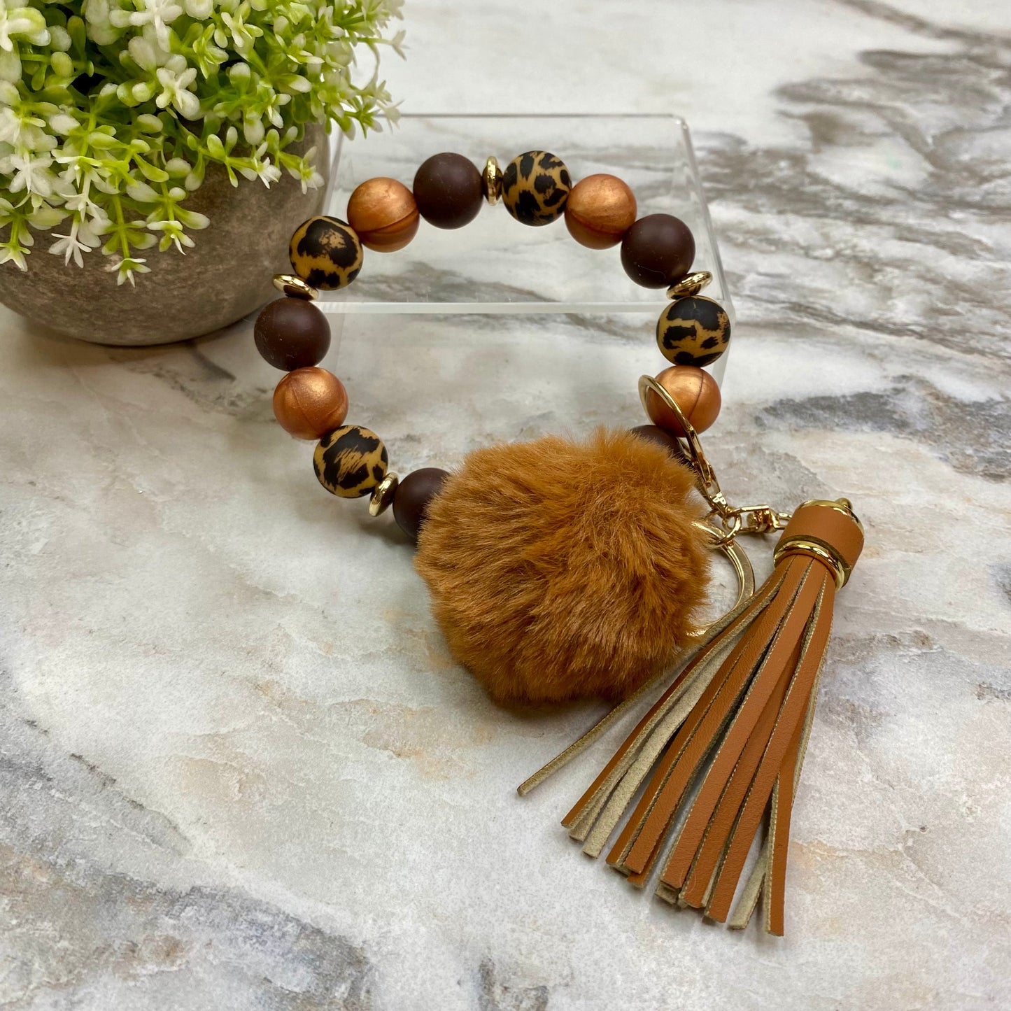 Silicone Bracelet Keychain - Tassel & Pom Pom- Brown & Animal Print