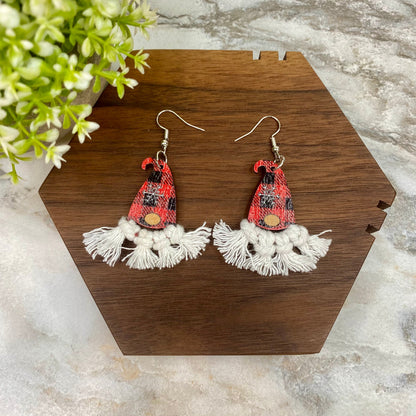 Wooden Dangle Earrings - Christmas Gnome Red Plaid Macrame Beard