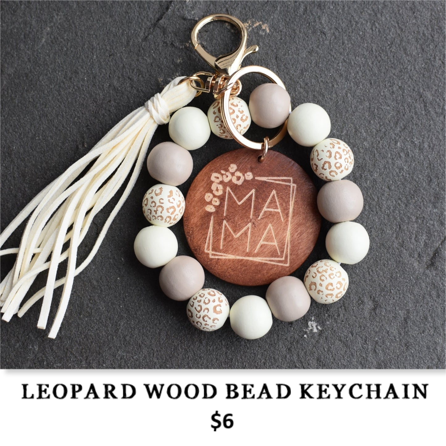 LEOPARD WOOD BEAD KEYCHAIN