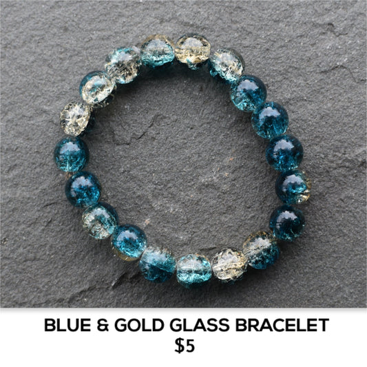 BLUE AND GOLD GLASS BEAD BRACELET