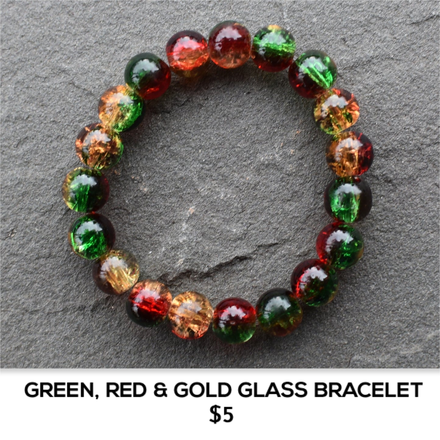 GREEN, RED AND GOLD GLASS BRACELET