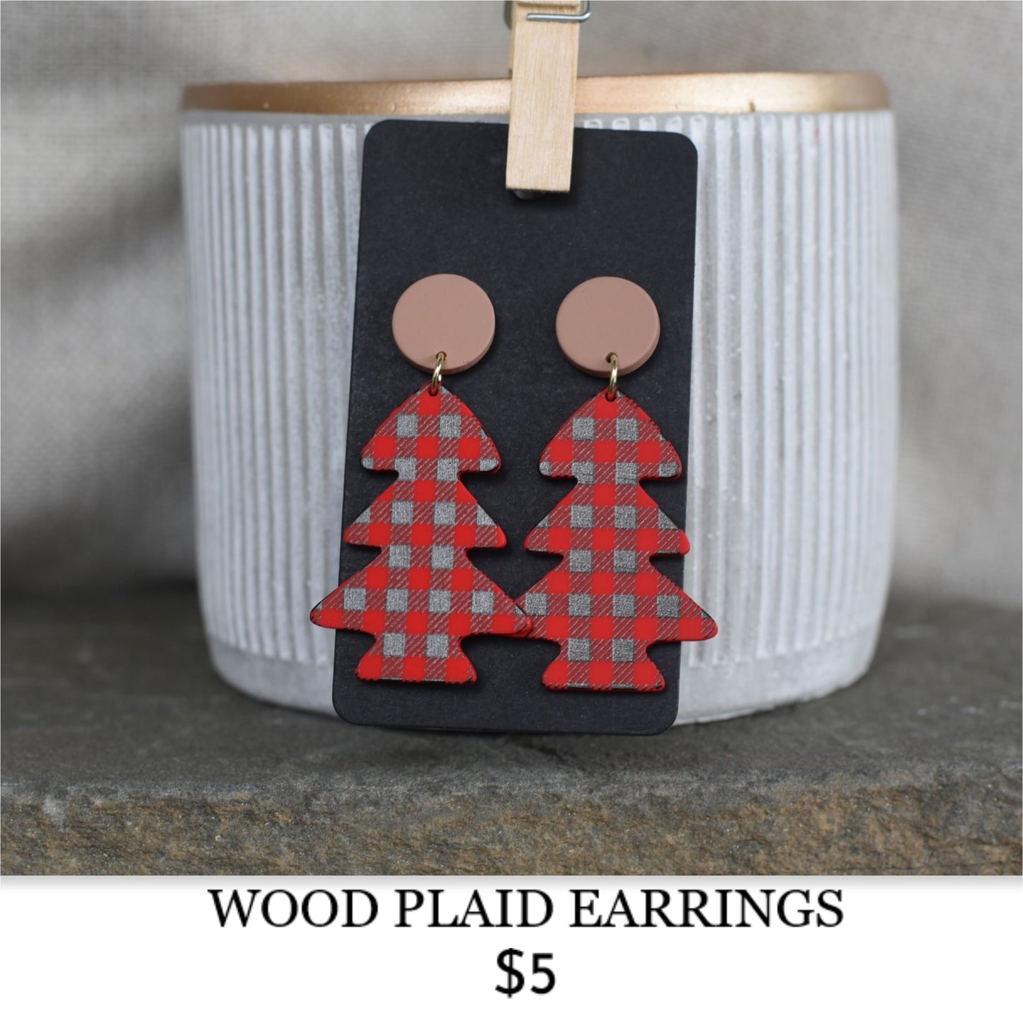 WOOD PLAID TREE EARRINGS