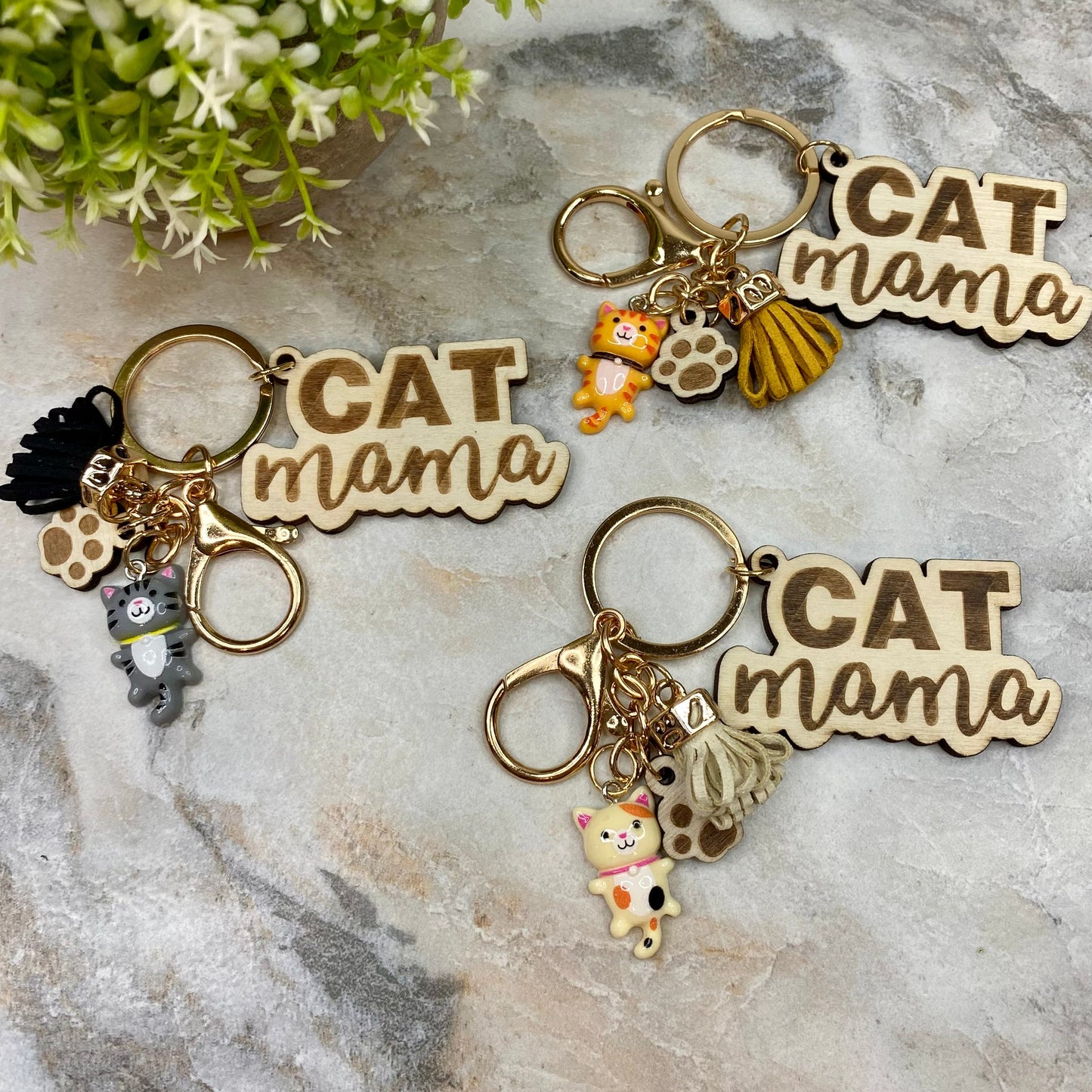 Keychain with Tassel - Wood - Cat Mama