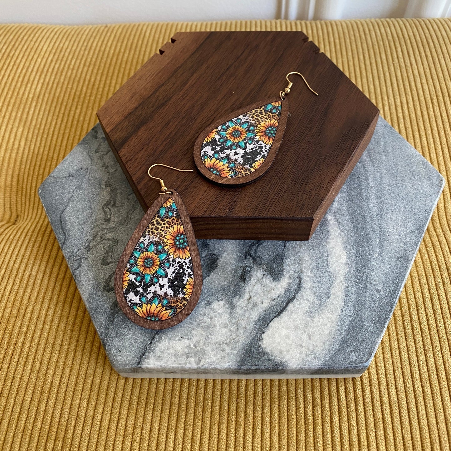 Wooden Teardrop Cutout Earrings - Turquoise Sunflower