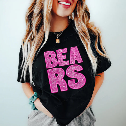 Bears Pink Faux Embroidery & Sequin School Spirit Graphic Tee