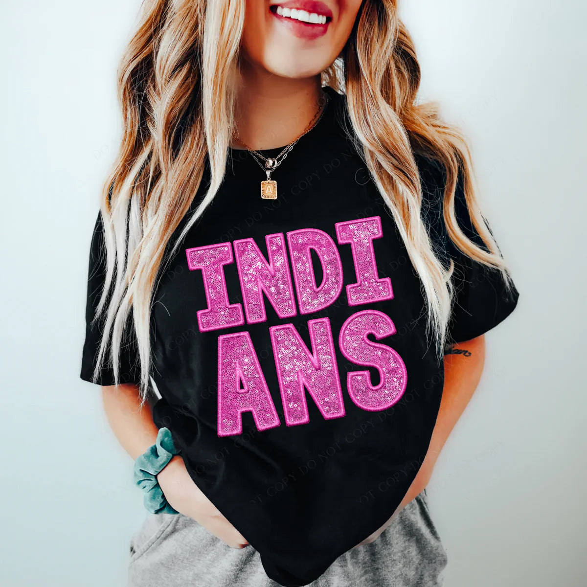 Indians Pink Faux Embroidery & Sequin School Spirit Graphic Tee