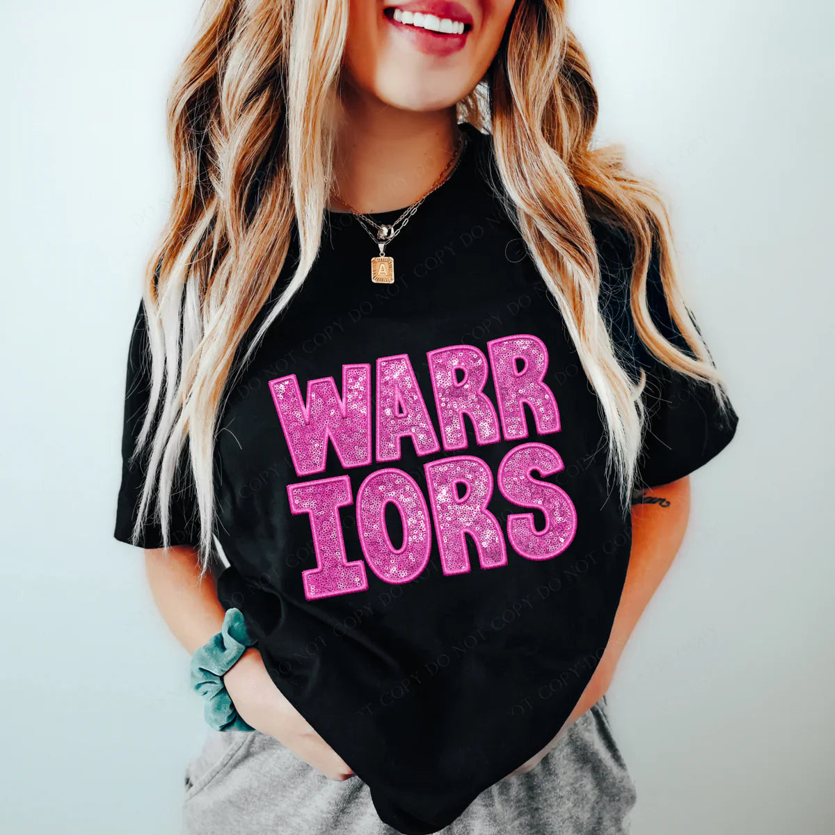 Warriors Pink Faux Embroidery & Sequin School Spirit Graphic Tee