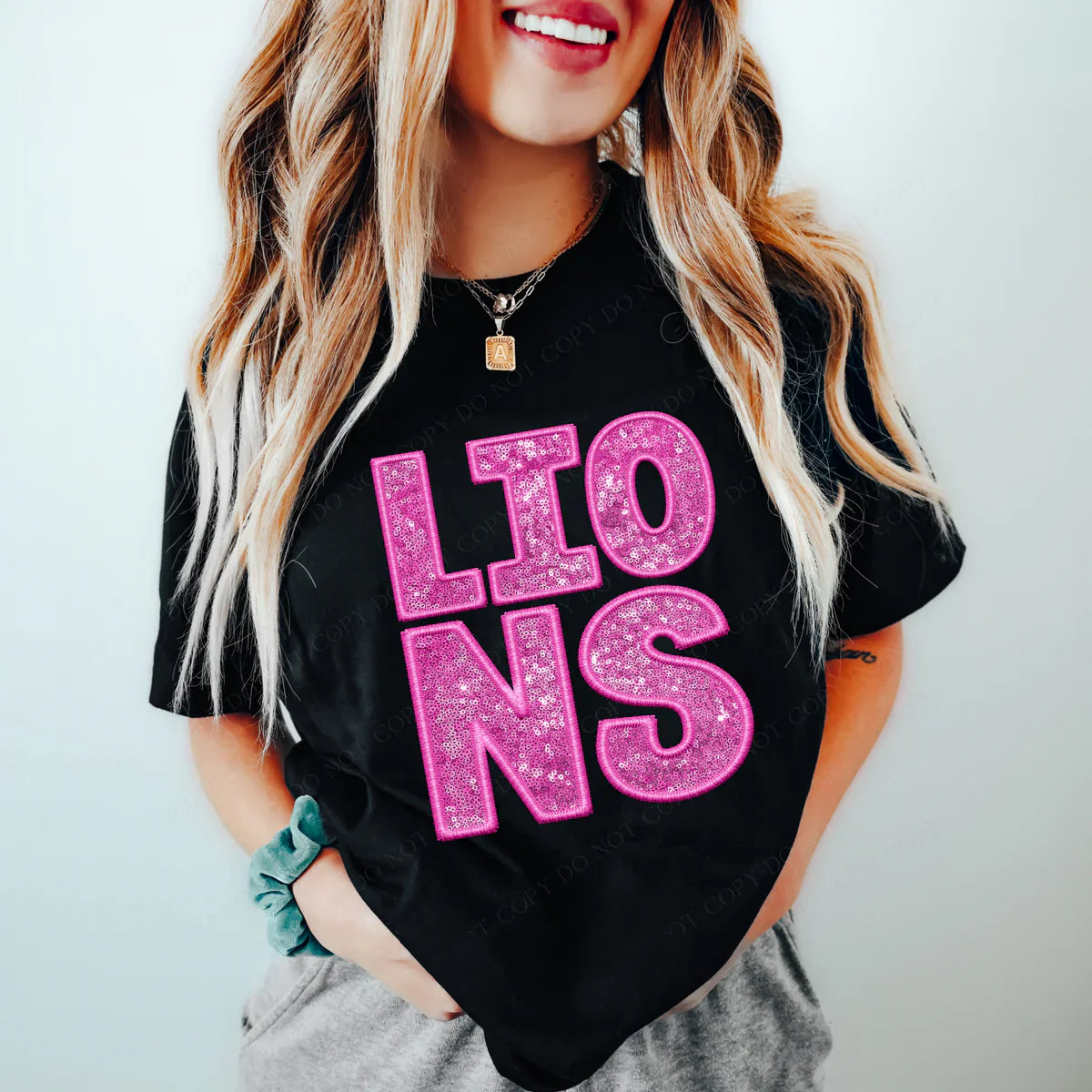 Lions Pink Faux Embroidery & Sequin School Spirit Graphic Tee