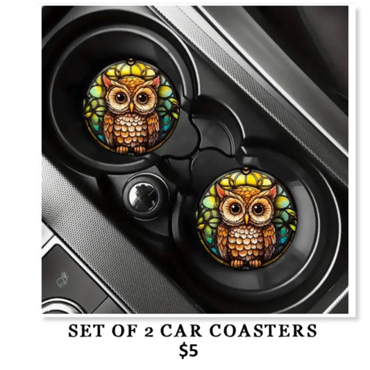 SET OF 2 CAR COASTERS - OWL