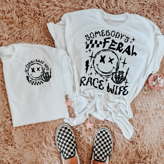 Somebody's Feral Race Wife Black Writing Graphic Tee