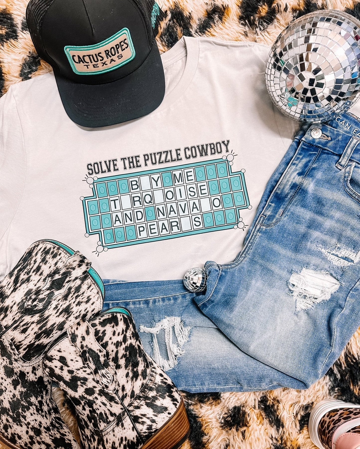 Solve the Puzzle Cowboy Buy me Turquoise & Navaho Pearls Punchy Western Graphic Tee